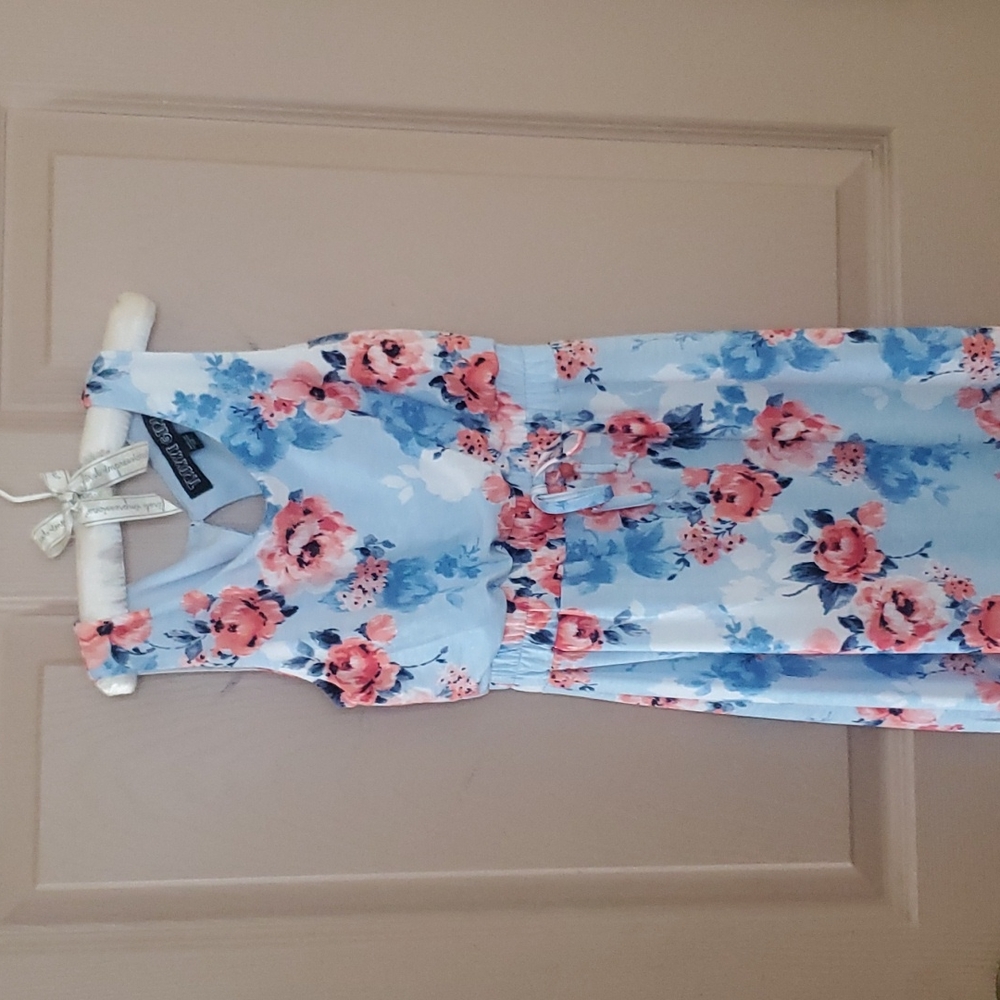 Floor length blue dress with orangish red flowers (New w/o tags)